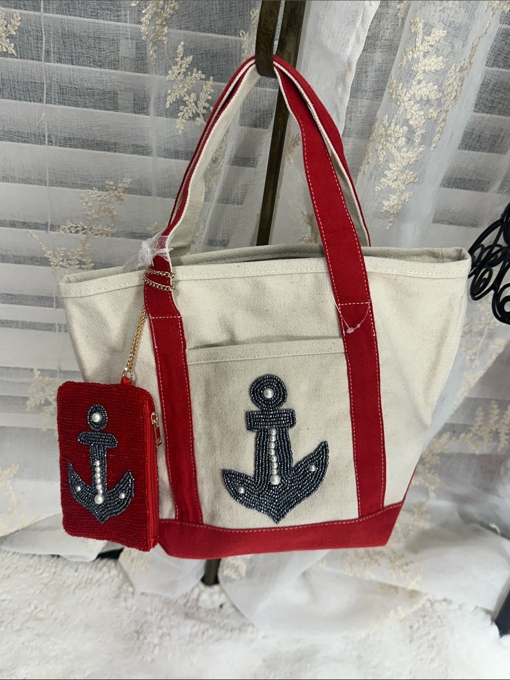 Made in India anchor canvas mini tote bag with beaded anchor pouch